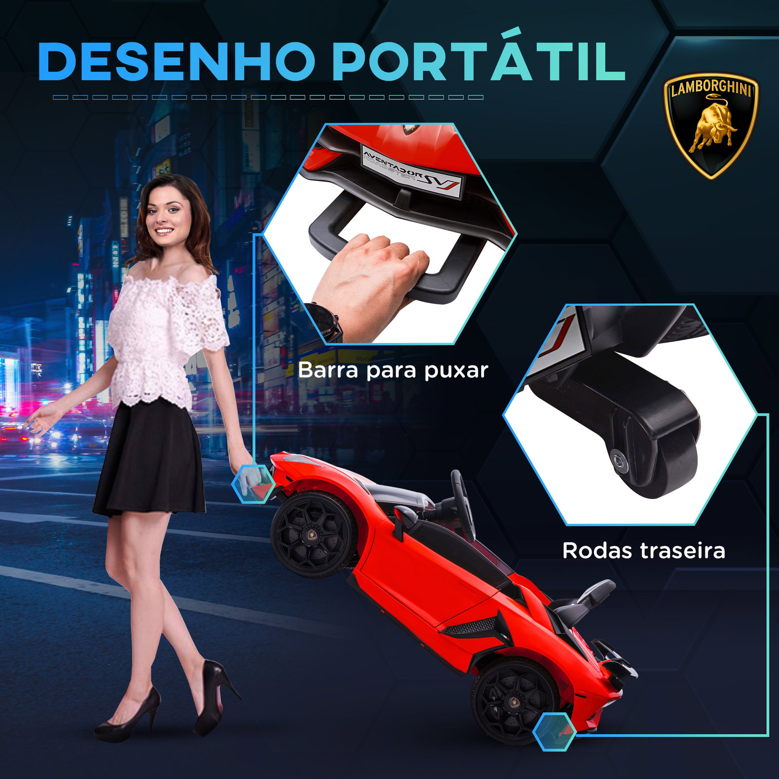 Carro elétrico lamborghini para crianças 12v velocidade 5km/h controlo remoto mp3 e luzes 107,5x63x42 cm vermelho