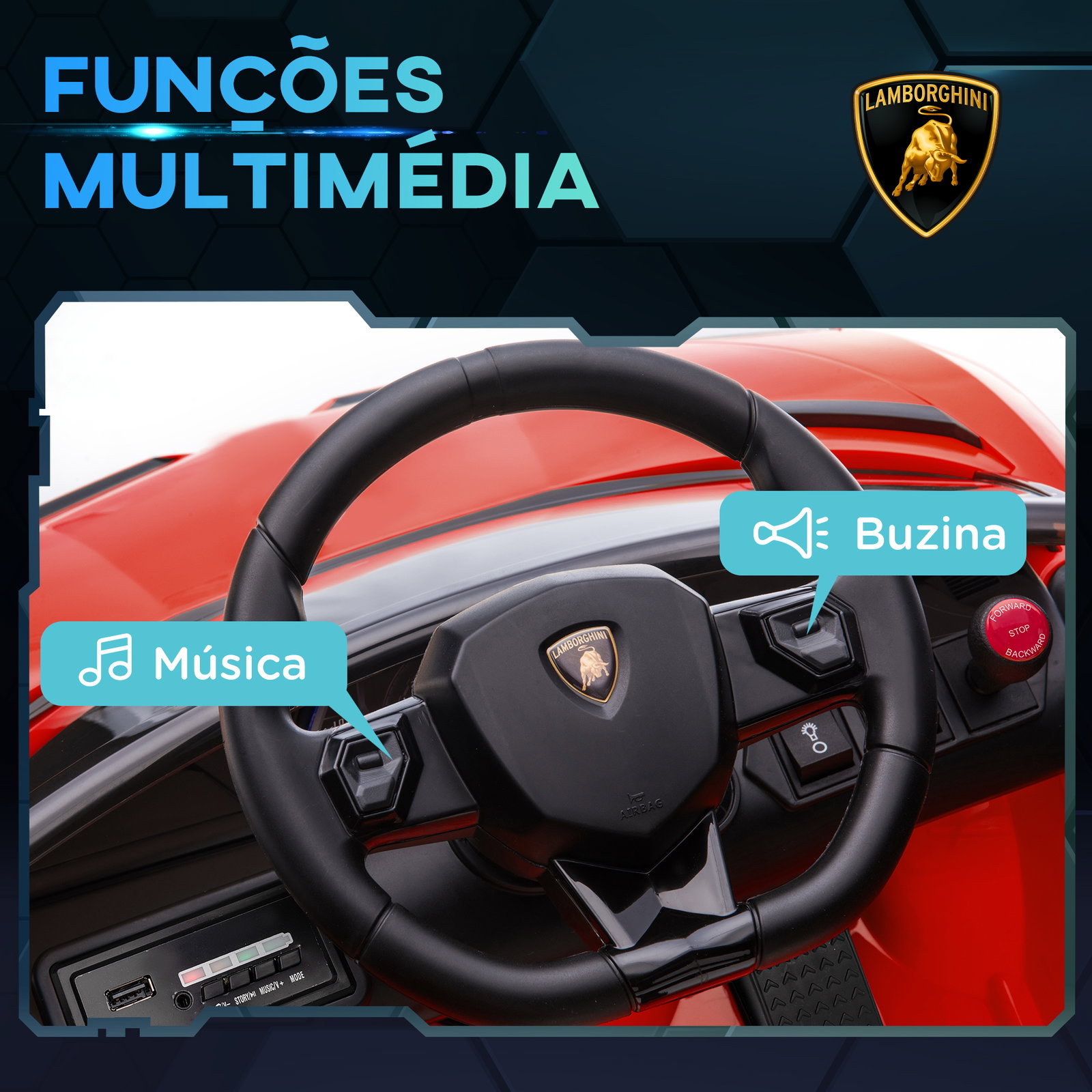 Carro elétrico lamborghini para crianças 12v velocidade 5km/h controlo remoto mp3 e luzes 107,5x63x42 cm vermelho