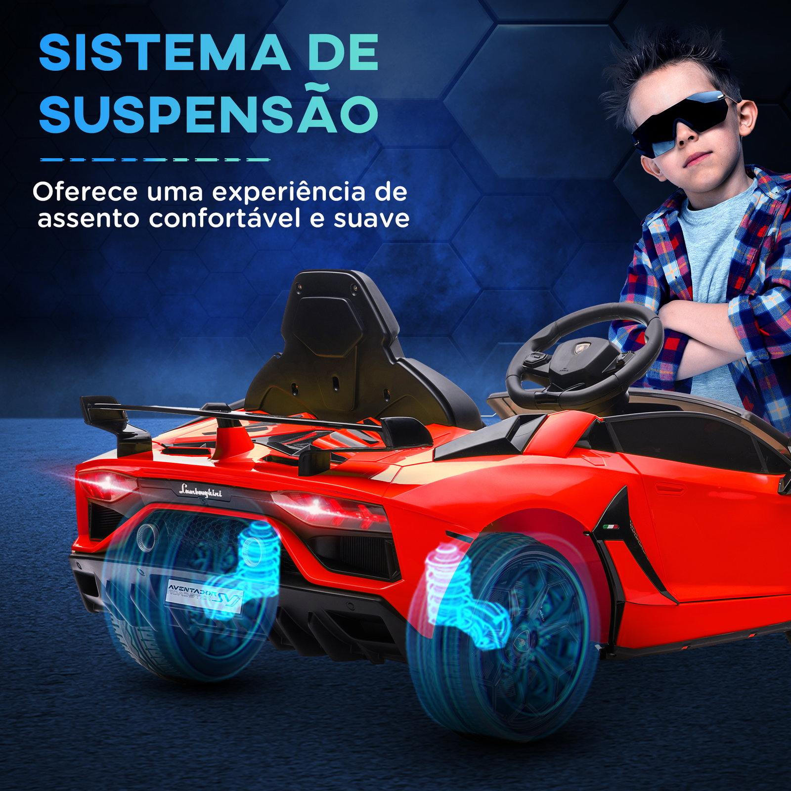 Carro elétrico lamborghini para crianças 12v velocidade 5km/h controlo remoto mp3 e luzes 107,5x63x42 cm vermelho