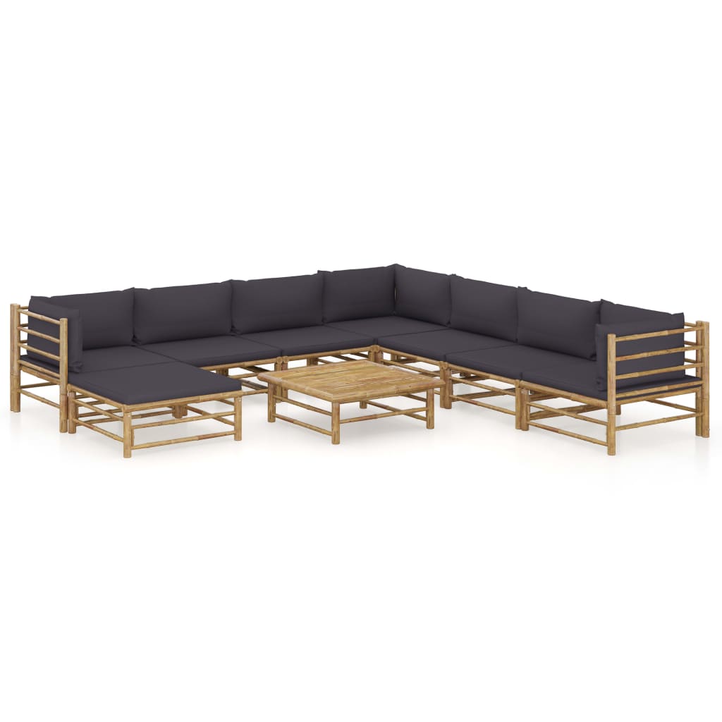 9 Pcs conj. lounge jardim em bambu c/ almofadões cinza-escuro