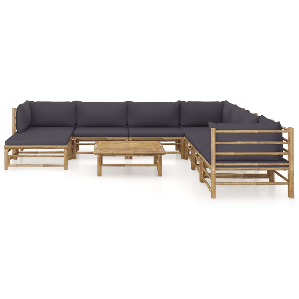 9 Pcs conj. lounge jardim em bambu c/ almofadões cinza-escuro