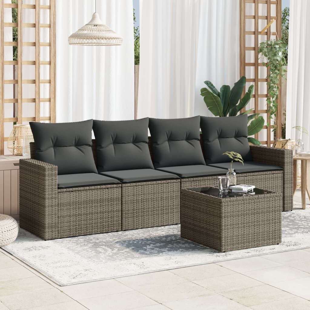 5 Pcs conjunto sofás de jardim c/ almofadões vime PE cinzento
