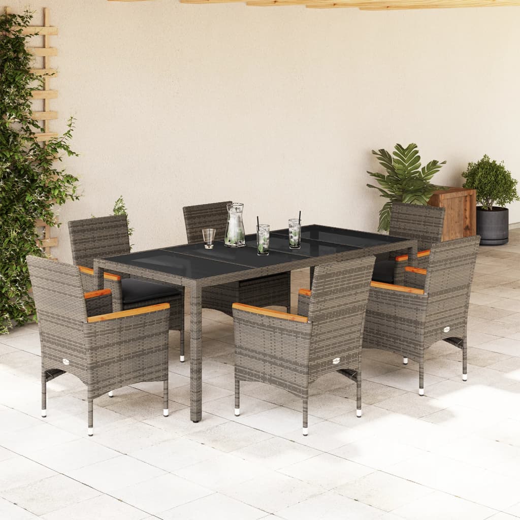 7 Pcs conjunto jantar jardim c/ almofadões vime PE/vidro cinza