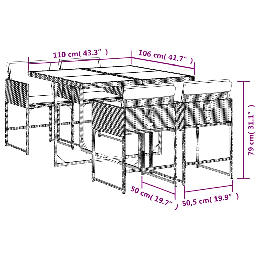 5 Pcs conjunto de jantar p/ jardim com almofadões vime PE bege