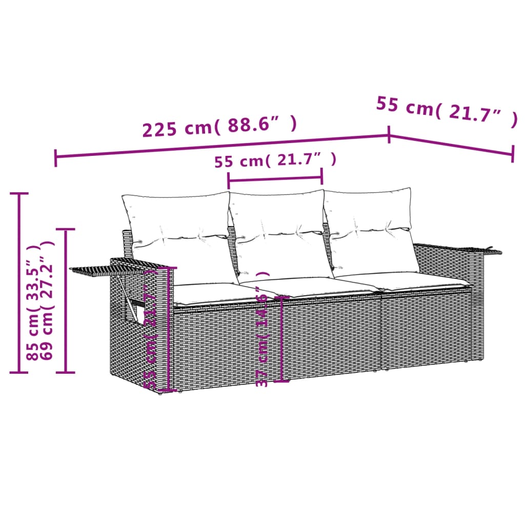 3 Pcs conjunto de sofás p/ jardim com almofadões vime PE bege