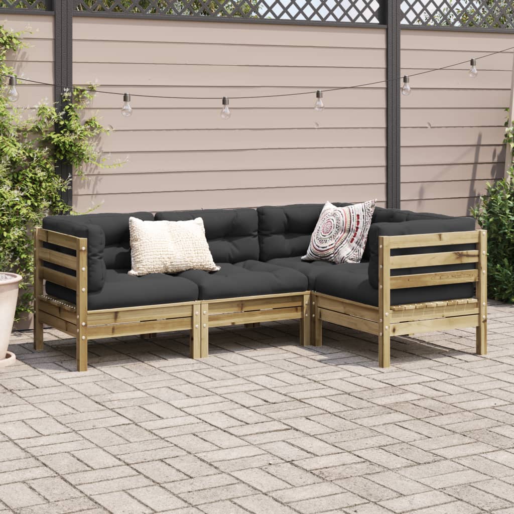 4 Pcs conjunto sofás p/ jardim com almofadões pinho impregnado