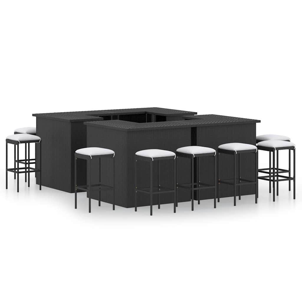16 Pcs conjunto de bar p/ jardim c/ almofadões vime PE preto
