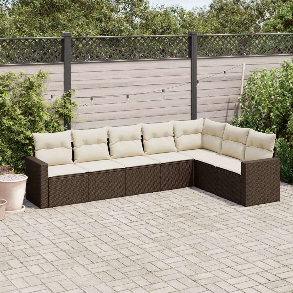 7 Pcs conjunto de sofás jardim c/ almofadões vime PE castanho