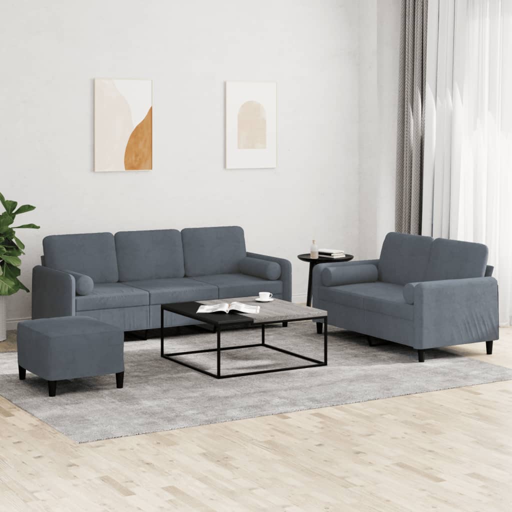 3 Pcs conjunto de sofás com almofadas veludo cinzento-escuro