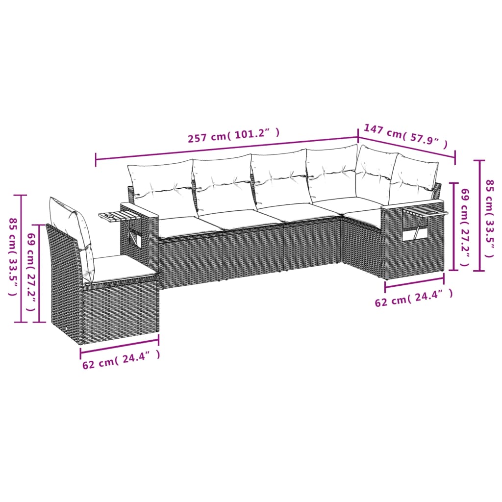 6 Pcs conjunto de sofás p/ jardim com almofadões vime PE bege