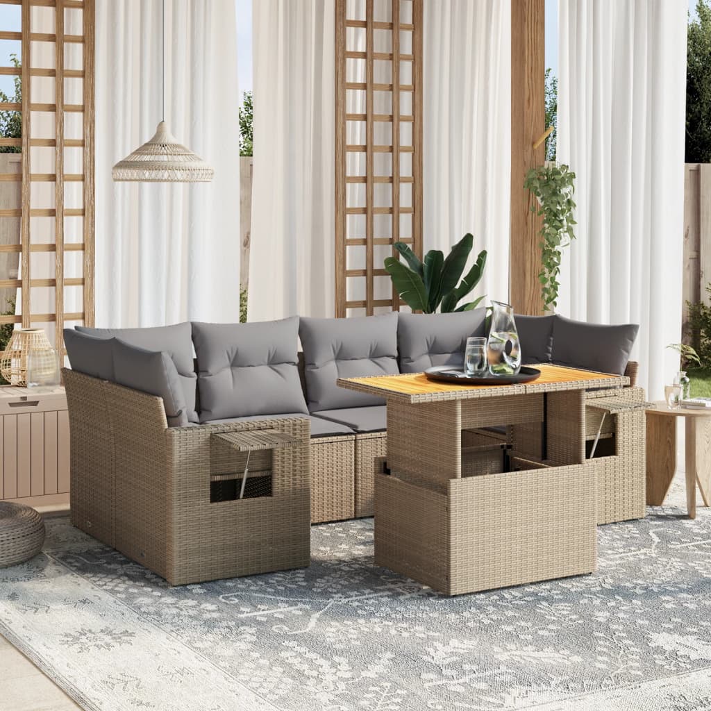 7 Pcs conjunto de sofás p/ jardim com almofadões vime PE bege