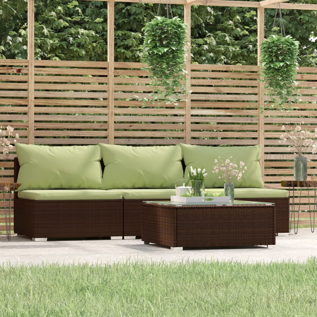 4 Pcs conjunto lounge jardim c/ almofadões vime PE castanho
