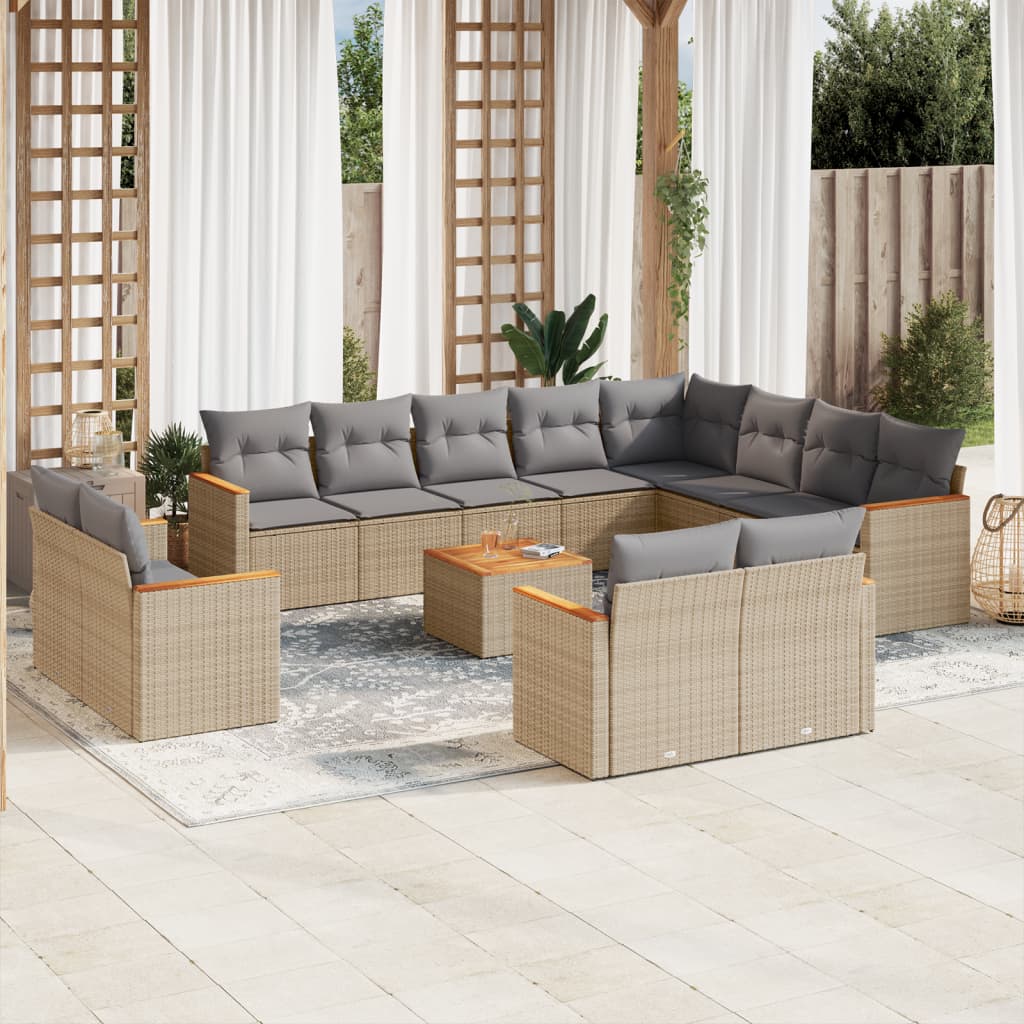 13 Pcs conj. sofás jardim c/ almofadões vime PE bege misturado