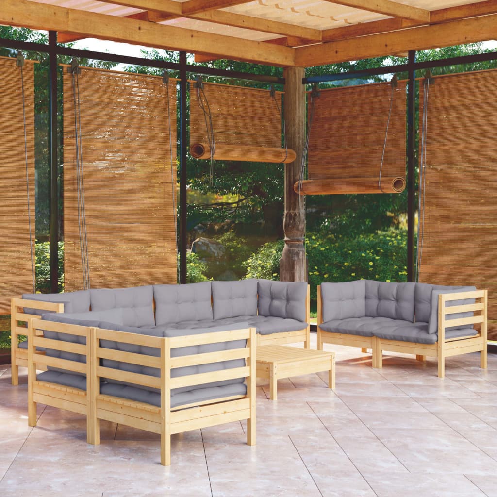 9 Pcs conjunto lounge de jardim + almofadões cinza pinho maciço