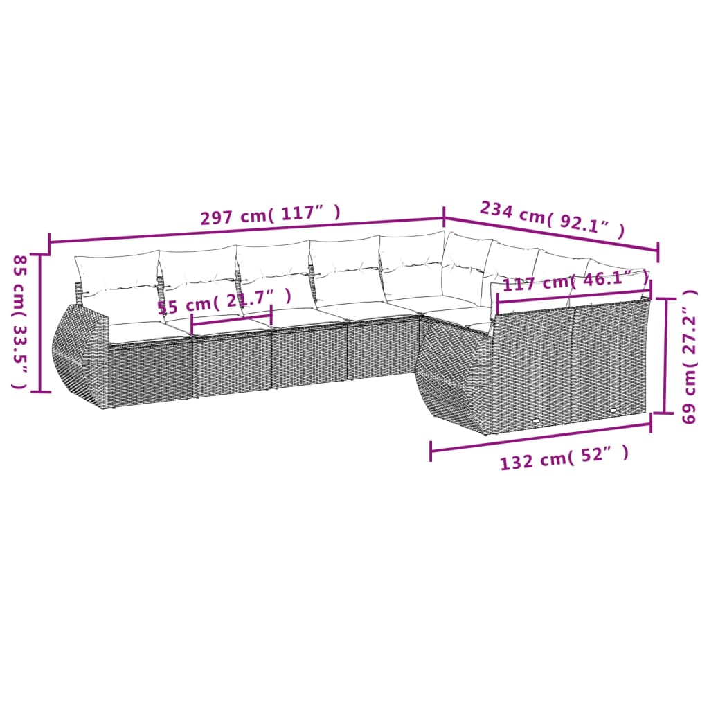 9 Pcs conjunto sofás p/ jardim c/ almofadões vime PE castanho