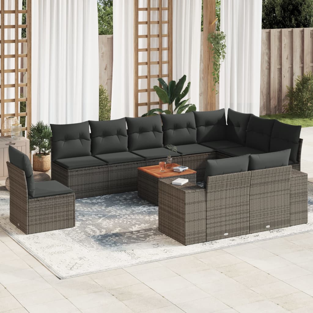 11 Pcs conjunto sofás de jardim c/ almofadões vime PE cinzento