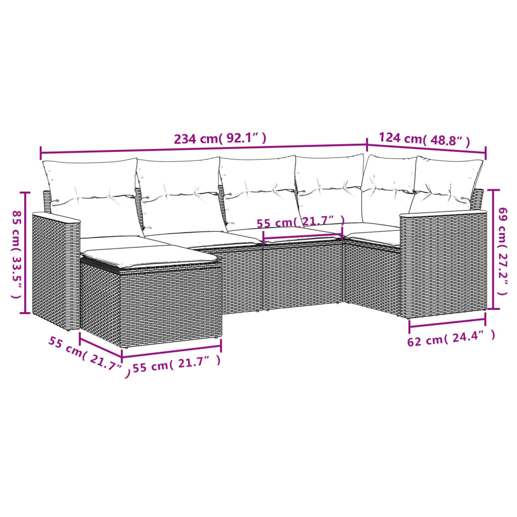 6 Pcs conjunto sofás de jardim c/ almofadões vime PE preto