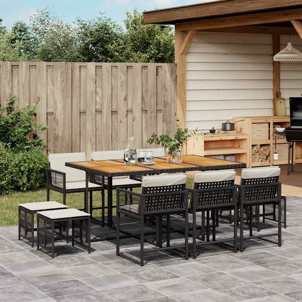 11 Pcs conjunto de jantar p/ jardim c/ almofadões vime PE preto