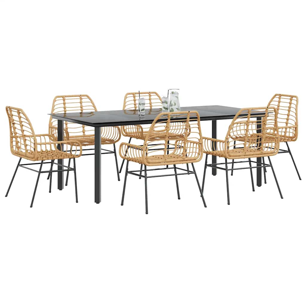 Conjunto jantar jardim 7 peças vidro vime PE castanho