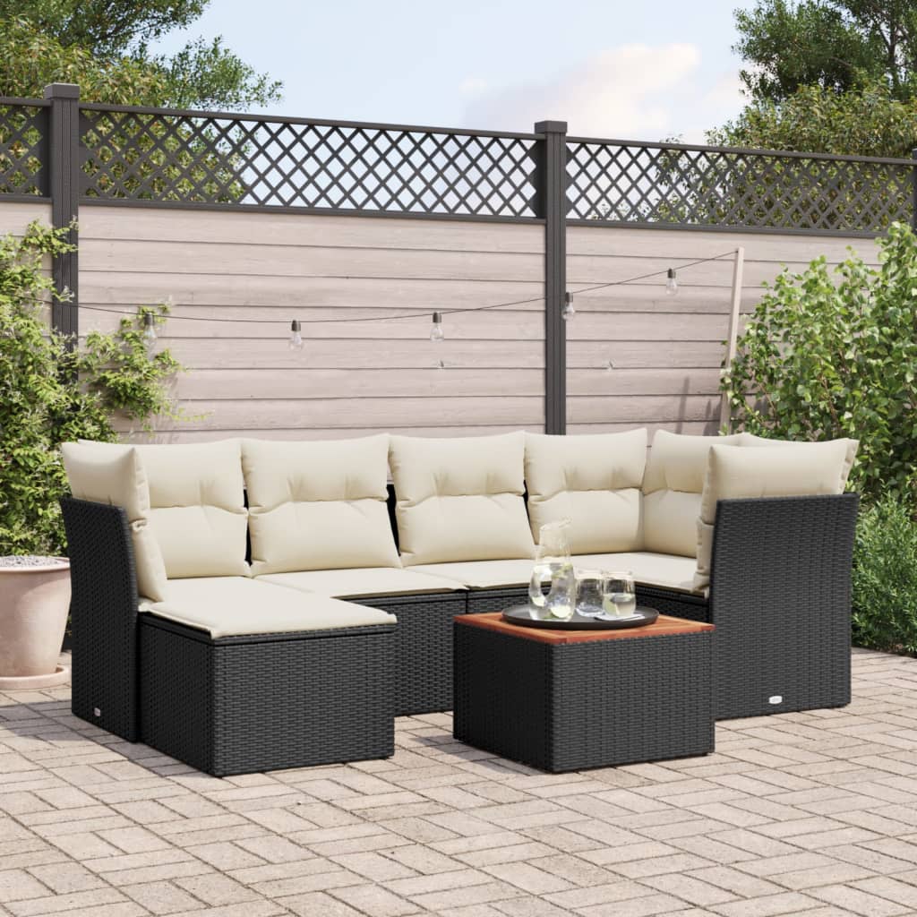 7 Pcs conjunto de sofás p/ jardim c/ almofadões vime PE preto