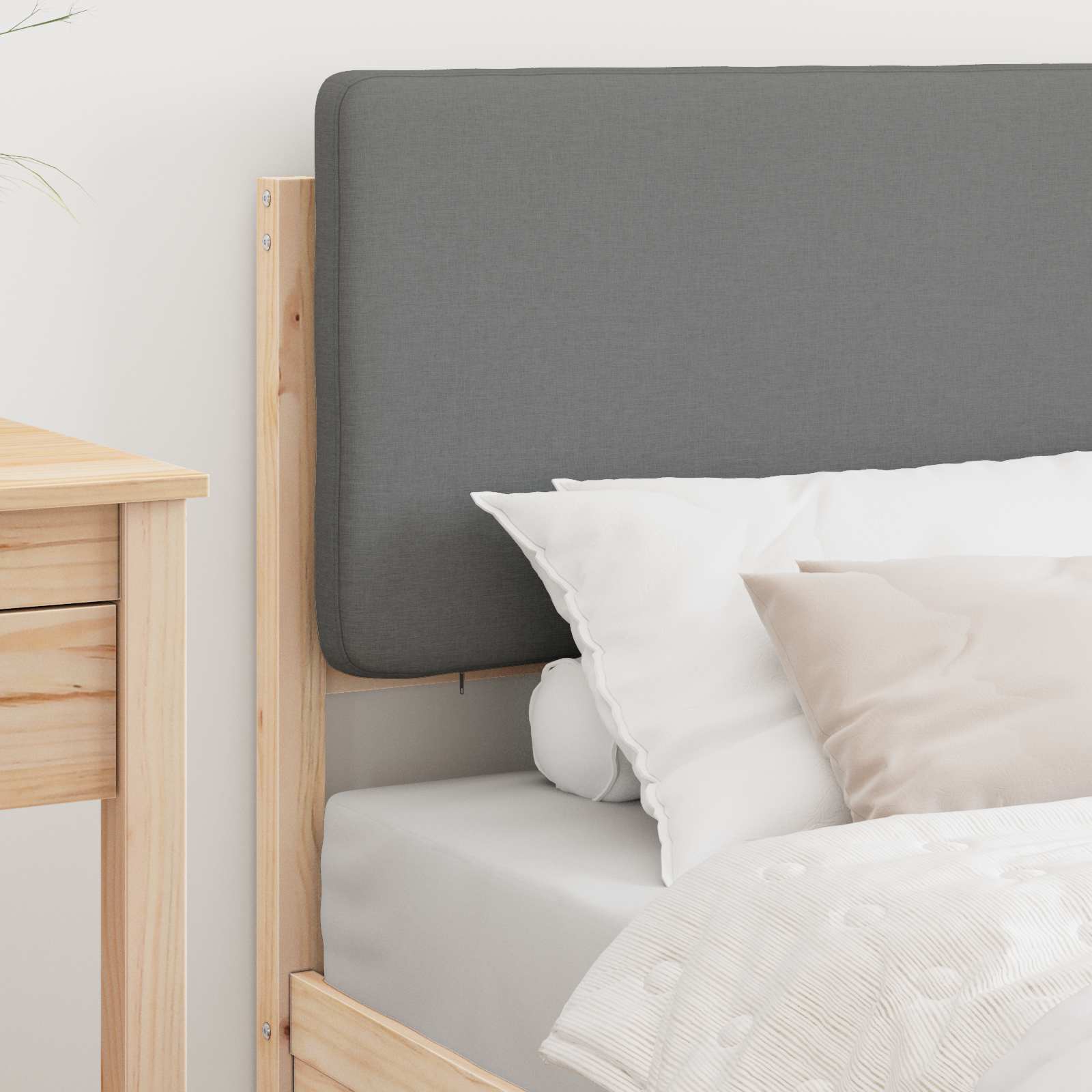 Estrutura de cama com cabeceira estofada cinzento-claro