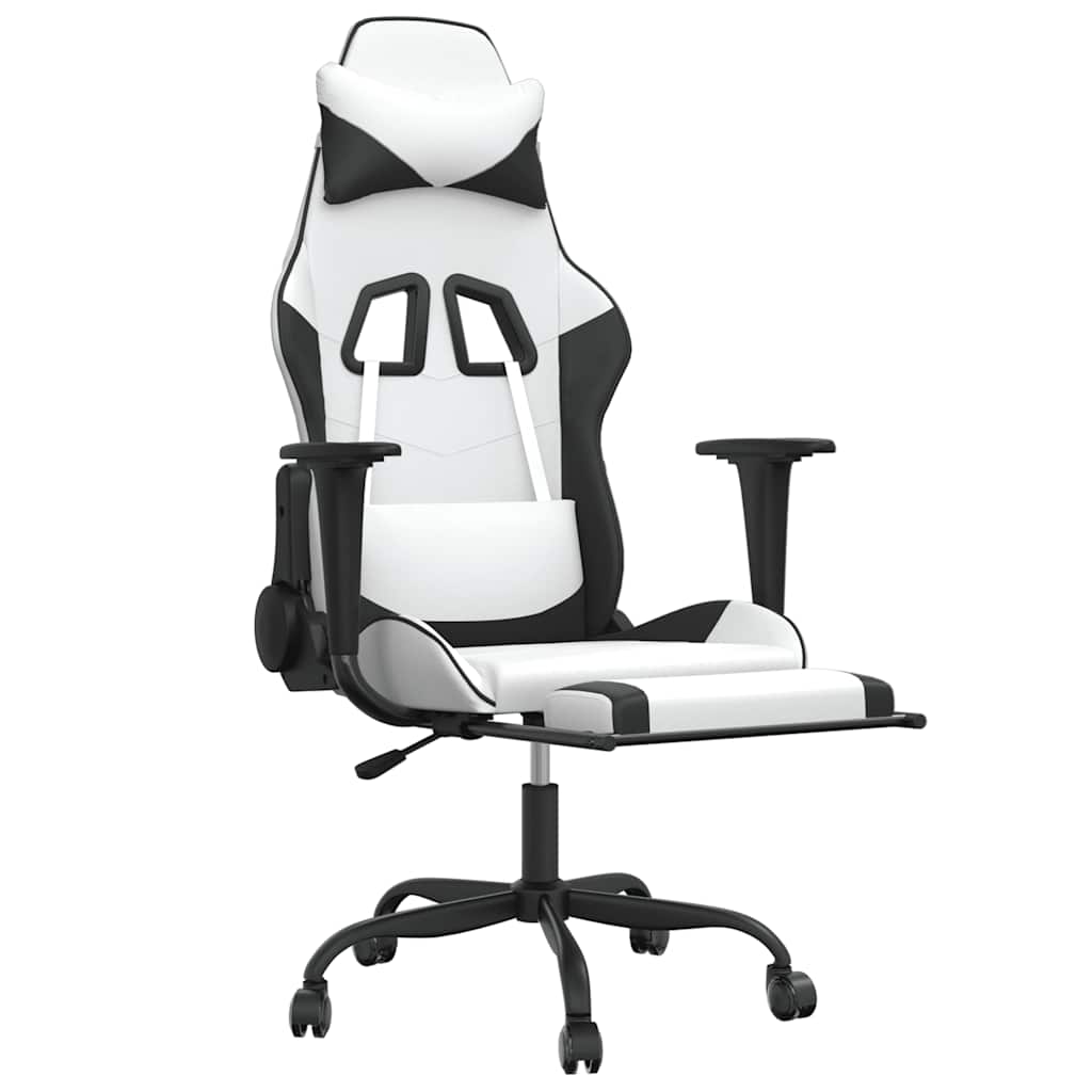 Cadeira gaming massagens c/ apoio pés couro artif. branco/preto