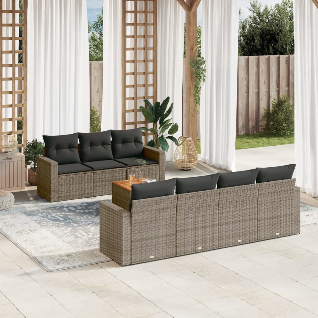 8 Pcs conjunto sofás de jardim c/ almofadões vime PE cinzento