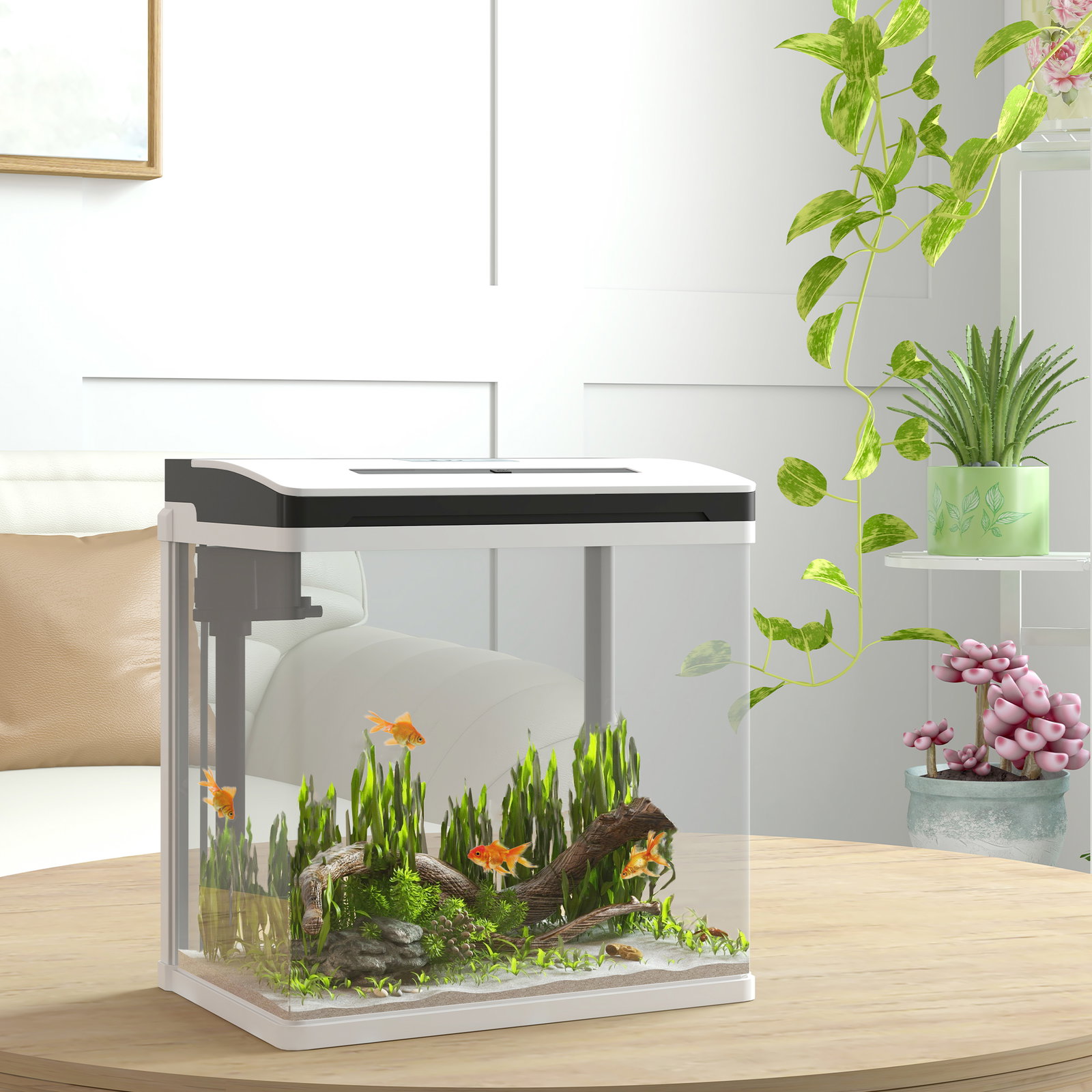 Aquário de cristal de 13l aquário pequeno com sistema de filtração iluminação LED e bomba de água 29x20x30,5 cm branco