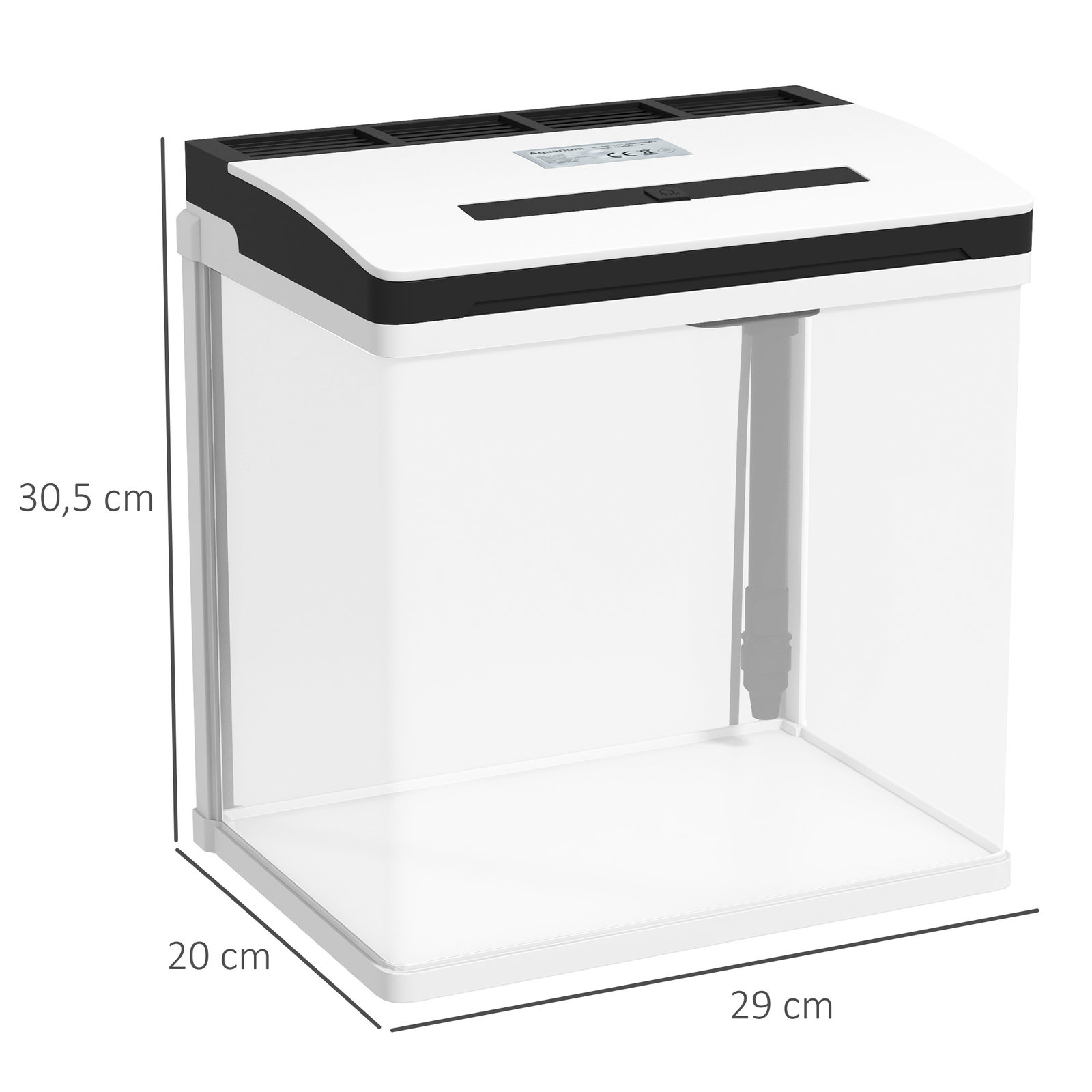 Aquário de cristal de 13l aquário pequeno com sistema de filtração iluminação LED e bomba de água 29x20x30,5 cm branco