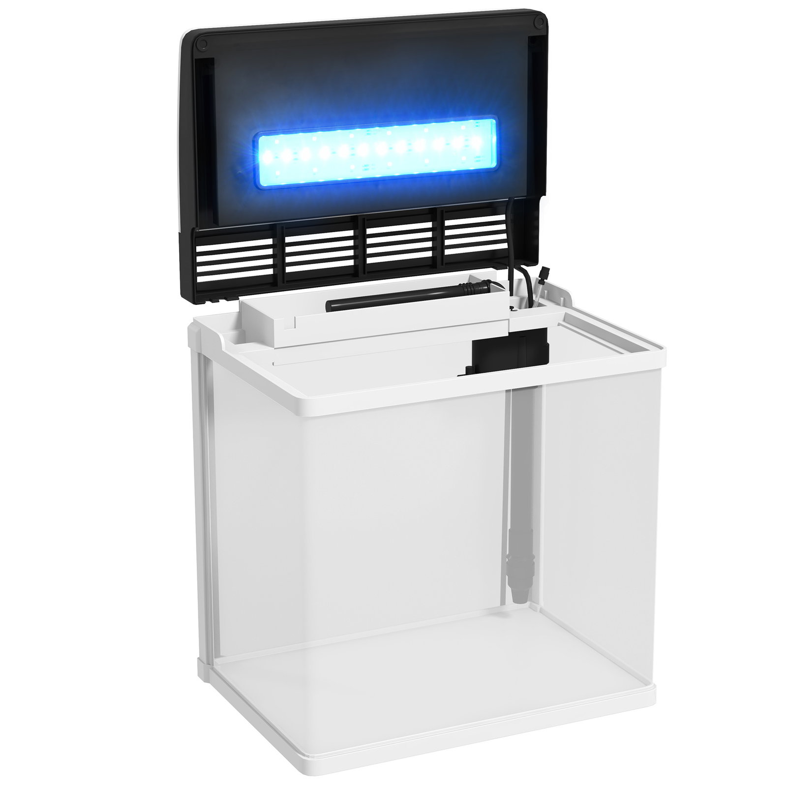 Aquário de cristal de 13l aquário pequeno com sistema de filtração iluminação LED e bomba de água 29x20x30,5 cm branco