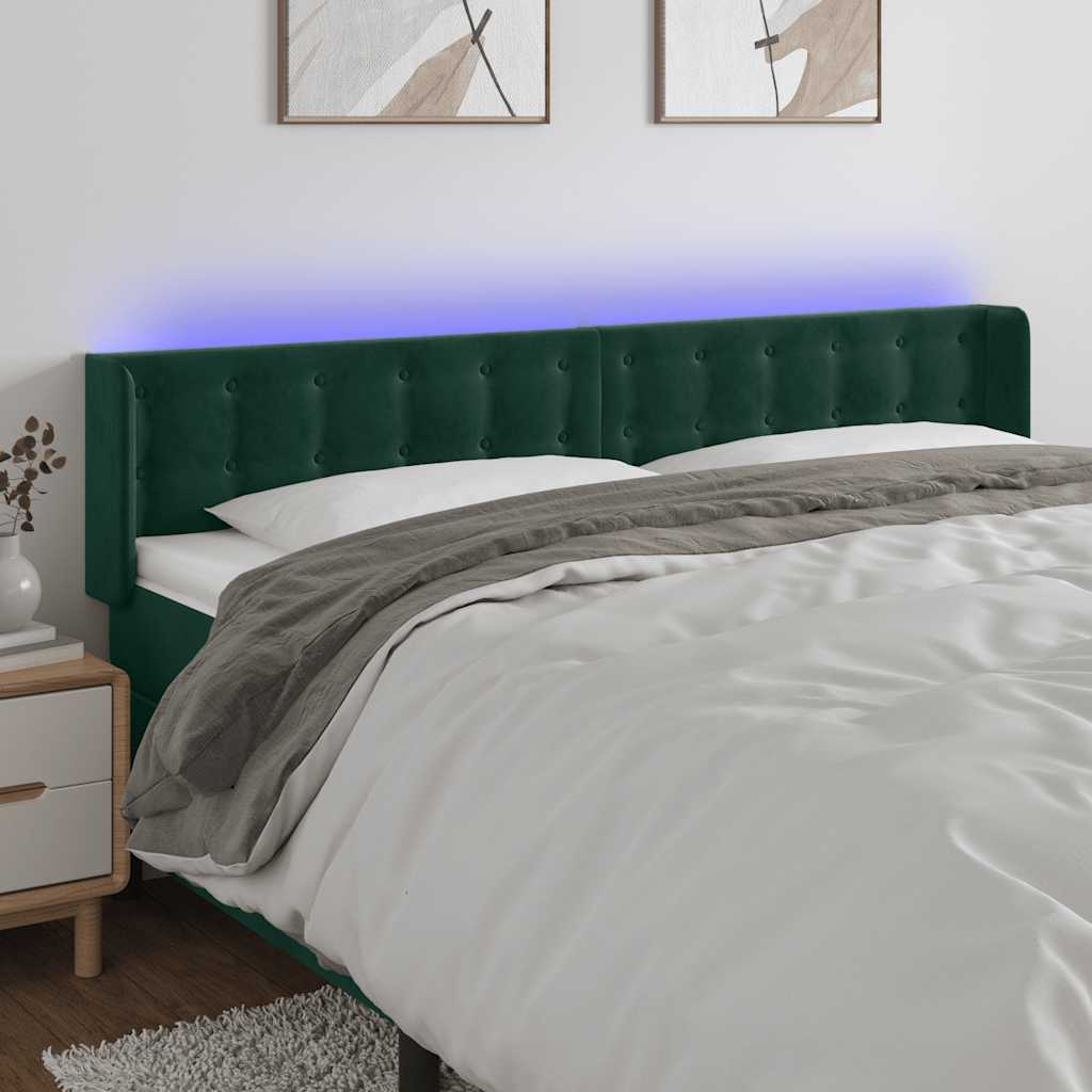 Cabeceira cama c/ luzes LED veludo 163x16x78/88 cm verde-escuro