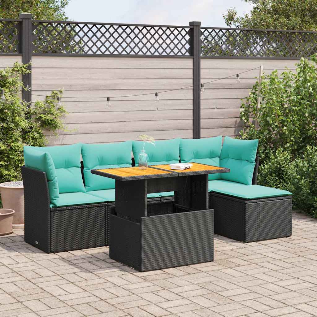 6 Pcs conjunto sofás de jardim c/ almofadões vime PE preto
