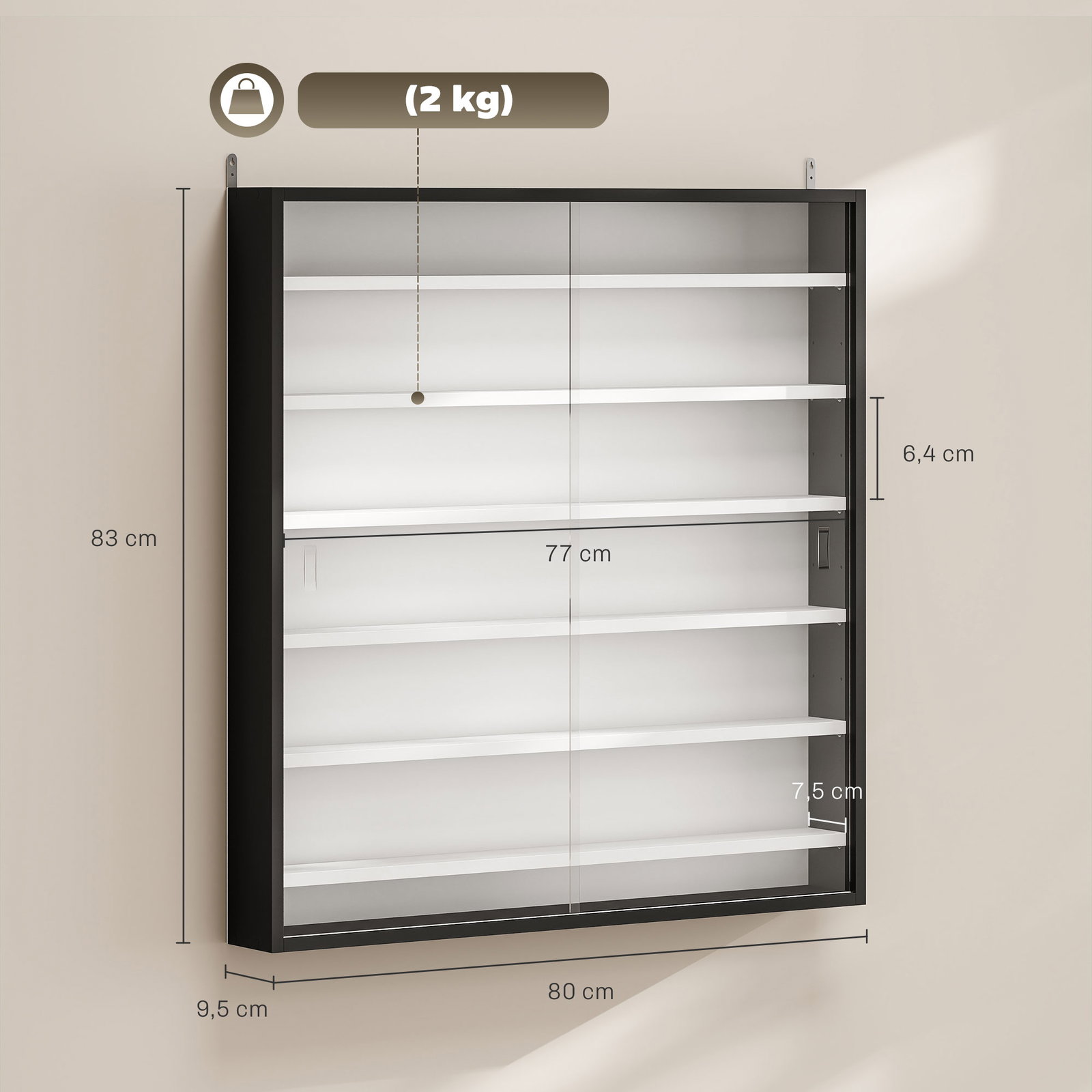 Vitrina de parede em madeira com prateleiras ajustáveis e 2 portas deslizantes de vidro 80x9,5x83 cm preto