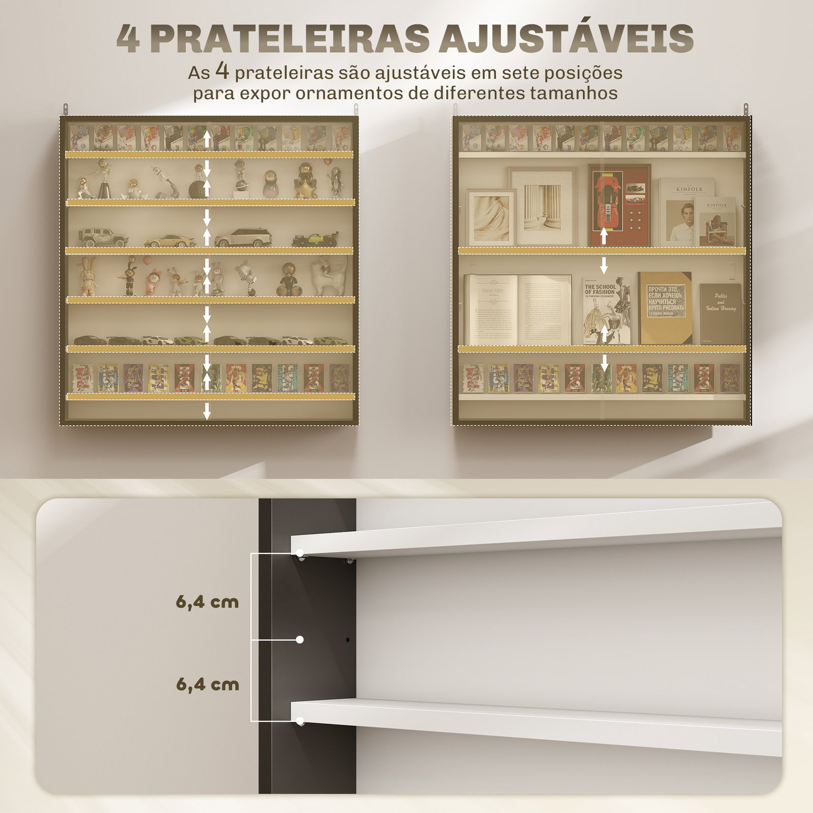 Vitrina de parede em madeira com prateleiras ajustáveis e 2 portas deslizantes de vidro 80x9,5x83 cm preto