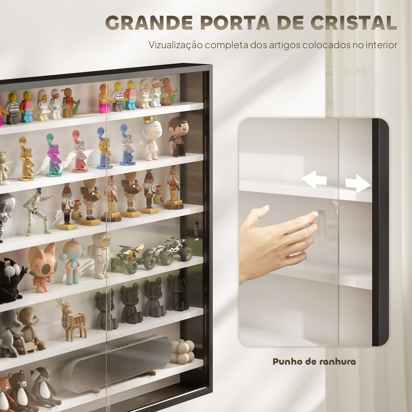 Vitrina de parede em madeira com prateleiras ajustáveis e 2 portas deslizantes de vidro 80x9,5x83 cm preto