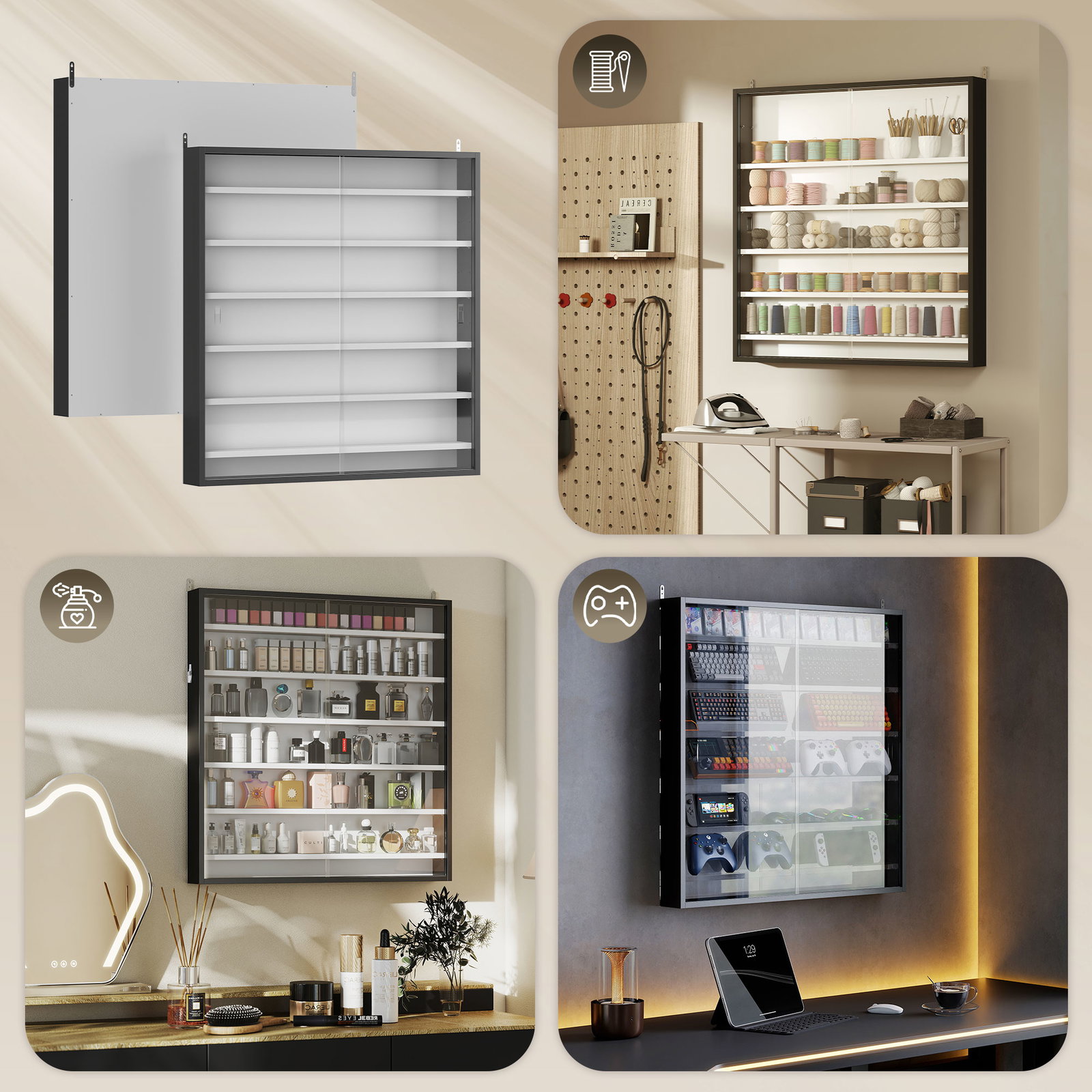 Vitrina de parede em madeira com prateleiras ajustáveis e 2 portas deslizantes de vidro 80x9,5x83 cm preto