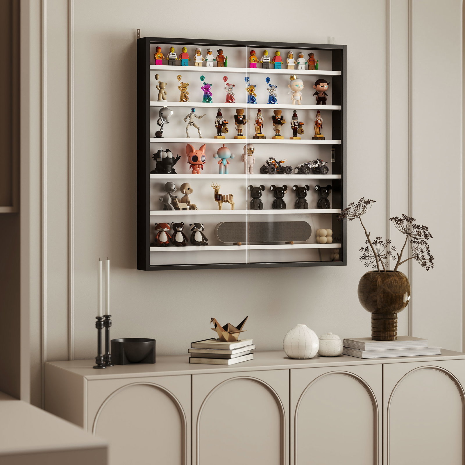 Vitrina de parede em madeira com prateleiras ajustáveis e 2 portas deslizantes de vidro 80x9,5x83 cm preto