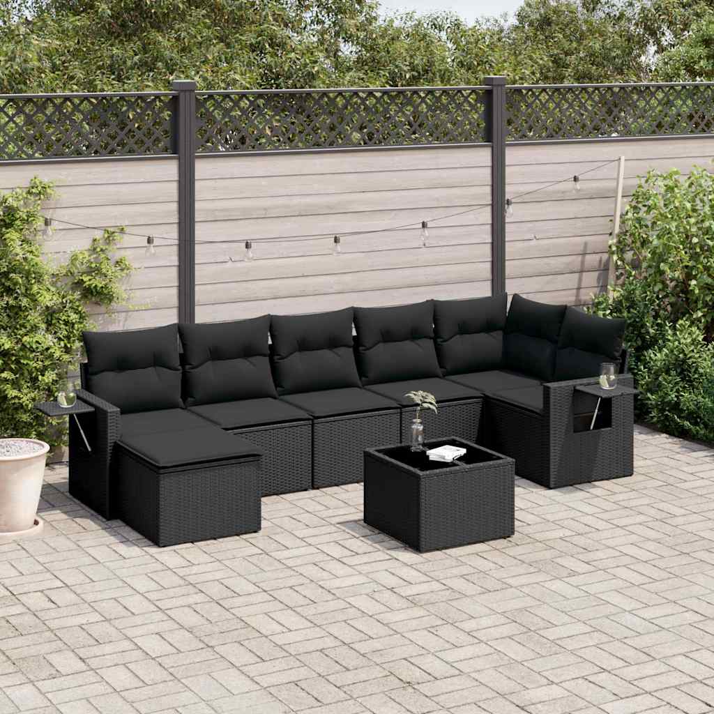 8 Pcs conjunto sofás de jardim com almofadões vime PE preto