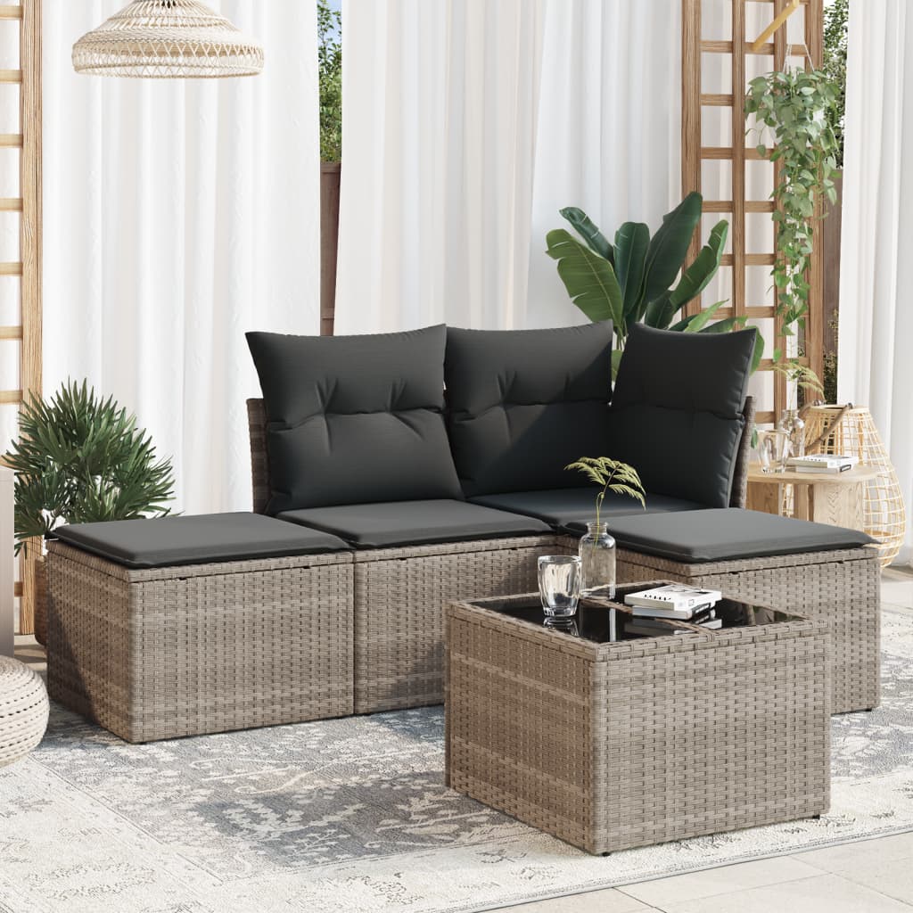 5 Pcs conj. sofás jardim c/ almofadões vime PE cinzento-claro