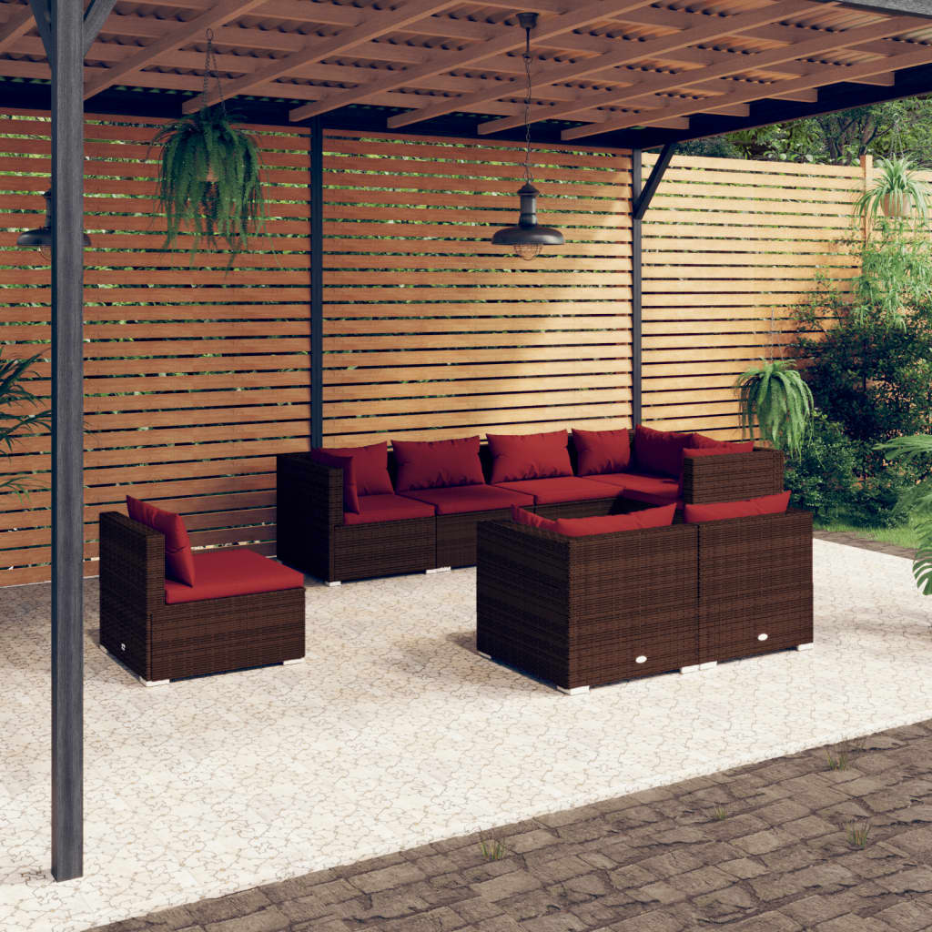 8 Pcs conjunto lounge jardim c/ almofadões vime PE castanho