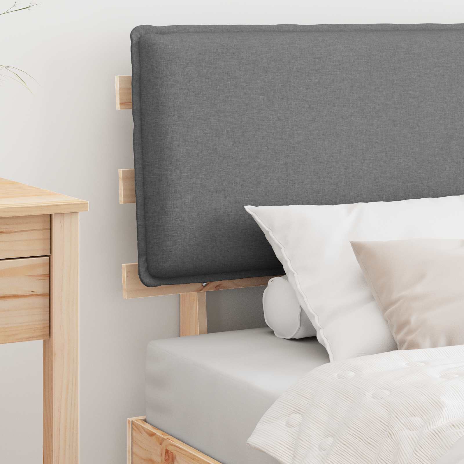 Estrutura de cama com cabeceira estofada cinzento-claro