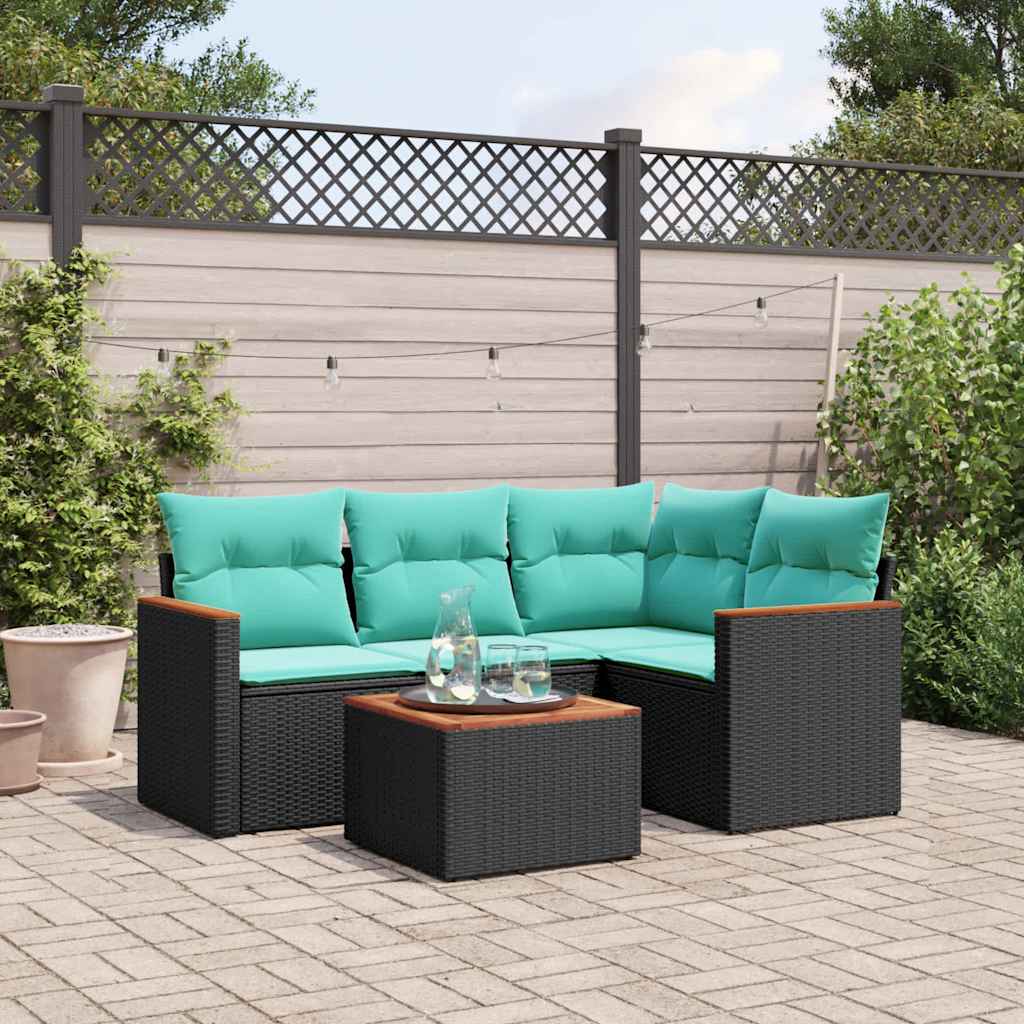 Conjunto de sofá de jardim de 5 peças com almofadas em rattan sintético preto