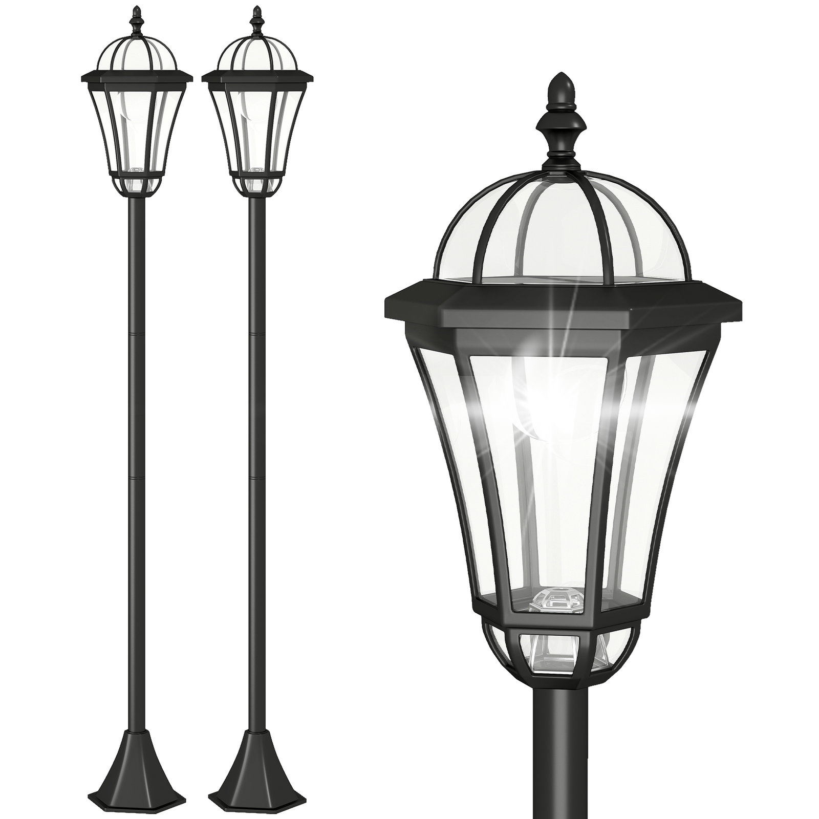 2 Candeeiros solares de jardim com 2 luzes LED branca impermeável IP44 ligação automática conjunto de 2 candeeiros de exterior para caminho terraço pátio 18,5x18,5x129 cm preto