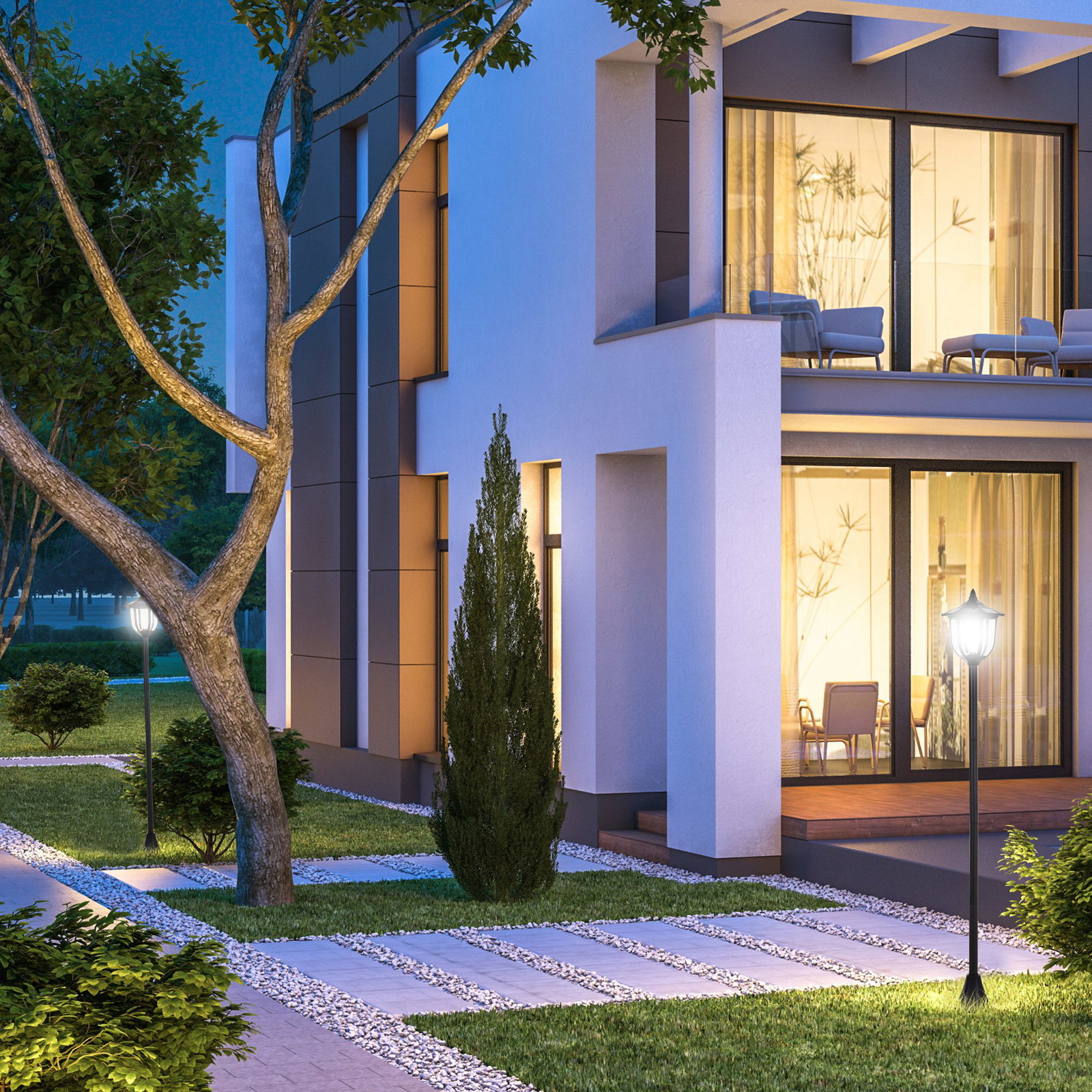 2 Candeeiros solares de jardim com 2 luzes LED branca impermeável IP44 ligação automática conjunto de 2 candeeiros de exterior para caminho terraço pátio 18,5x18,5x129 cm preto
