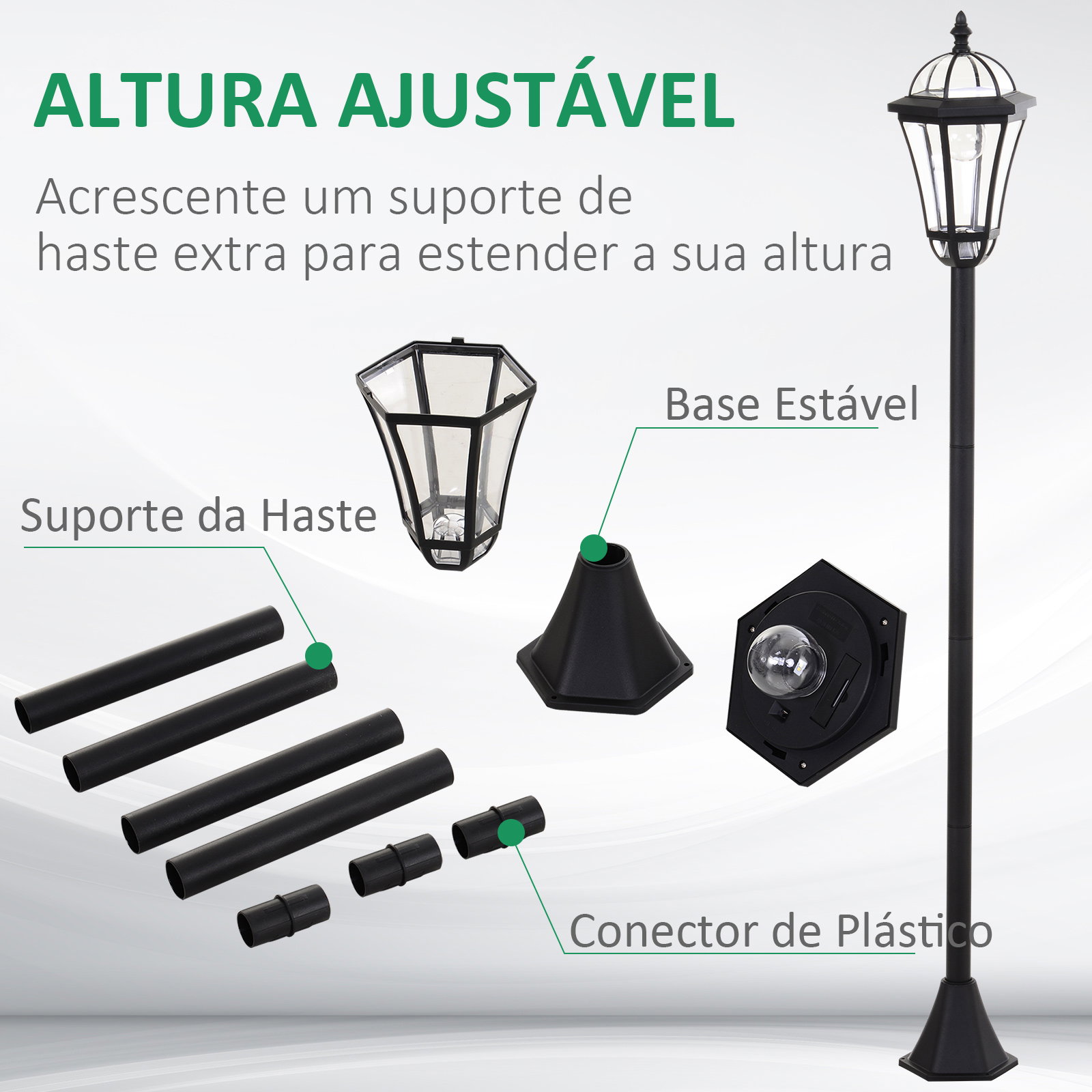 2 Candeeiros solares de jardim com 2 luzes LED branca impermeável IP44 ligação automática conjunto de 2 candeeiros de exterior para caminho terraço pátio 18,5x18,5x129 cm preto
