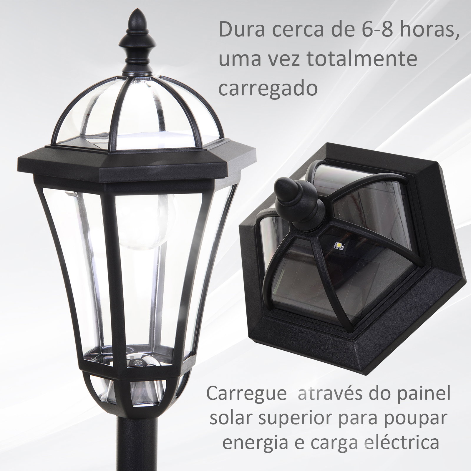 2 Candeeiros solares de jardim com 2 luzes LED branca impermeável IP44 ligação automática conjunto de 2 candeeiros de exterior para caminho terraço pátio 18,5x18,5x129 cm preto