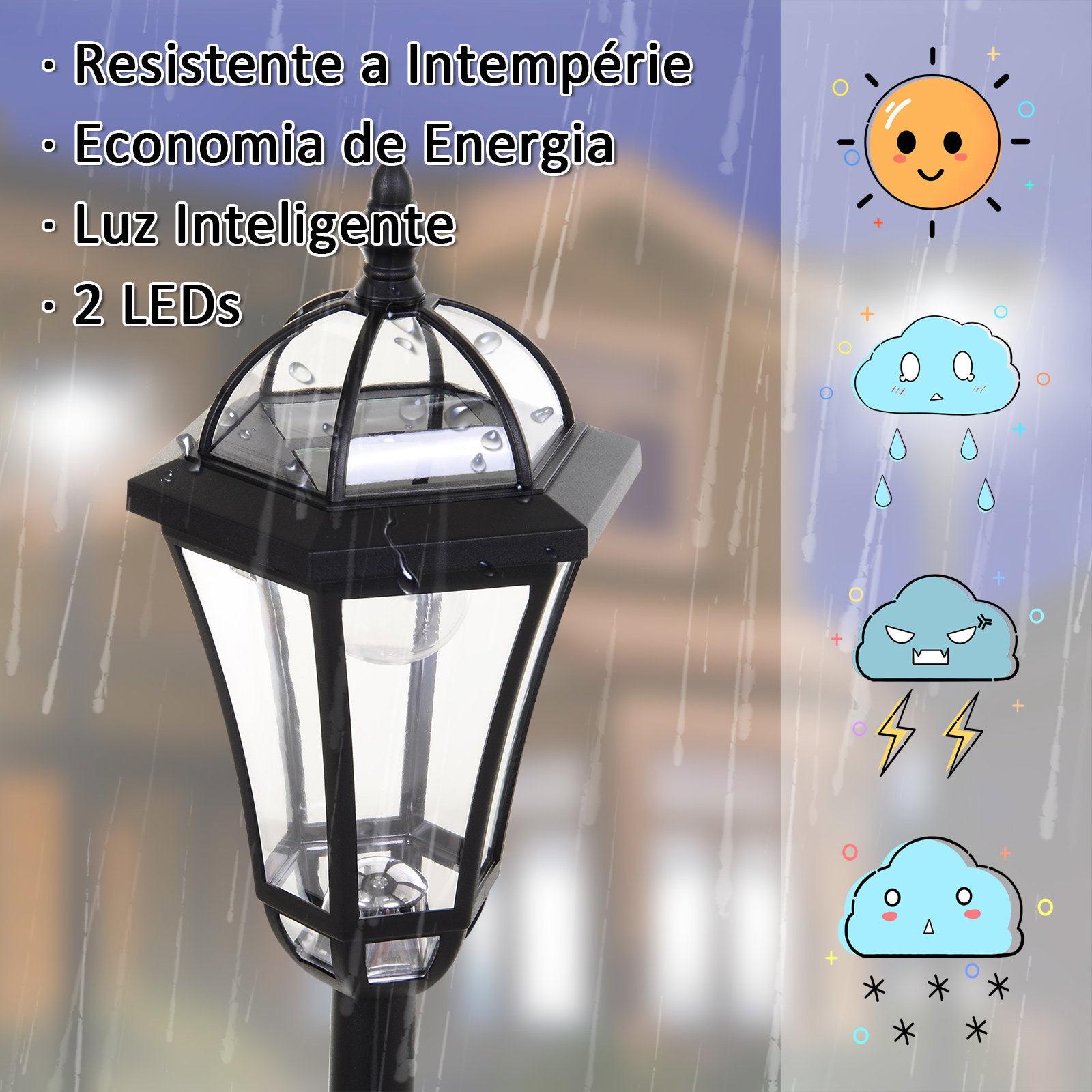 2 Candeeiros solares de jardim com 2 luzes LED branca impermeável IP44 ligação automática conjunto de 2 candeeiros de exterior para caminho terraço pátio 18,5x18,5x129 cm preto