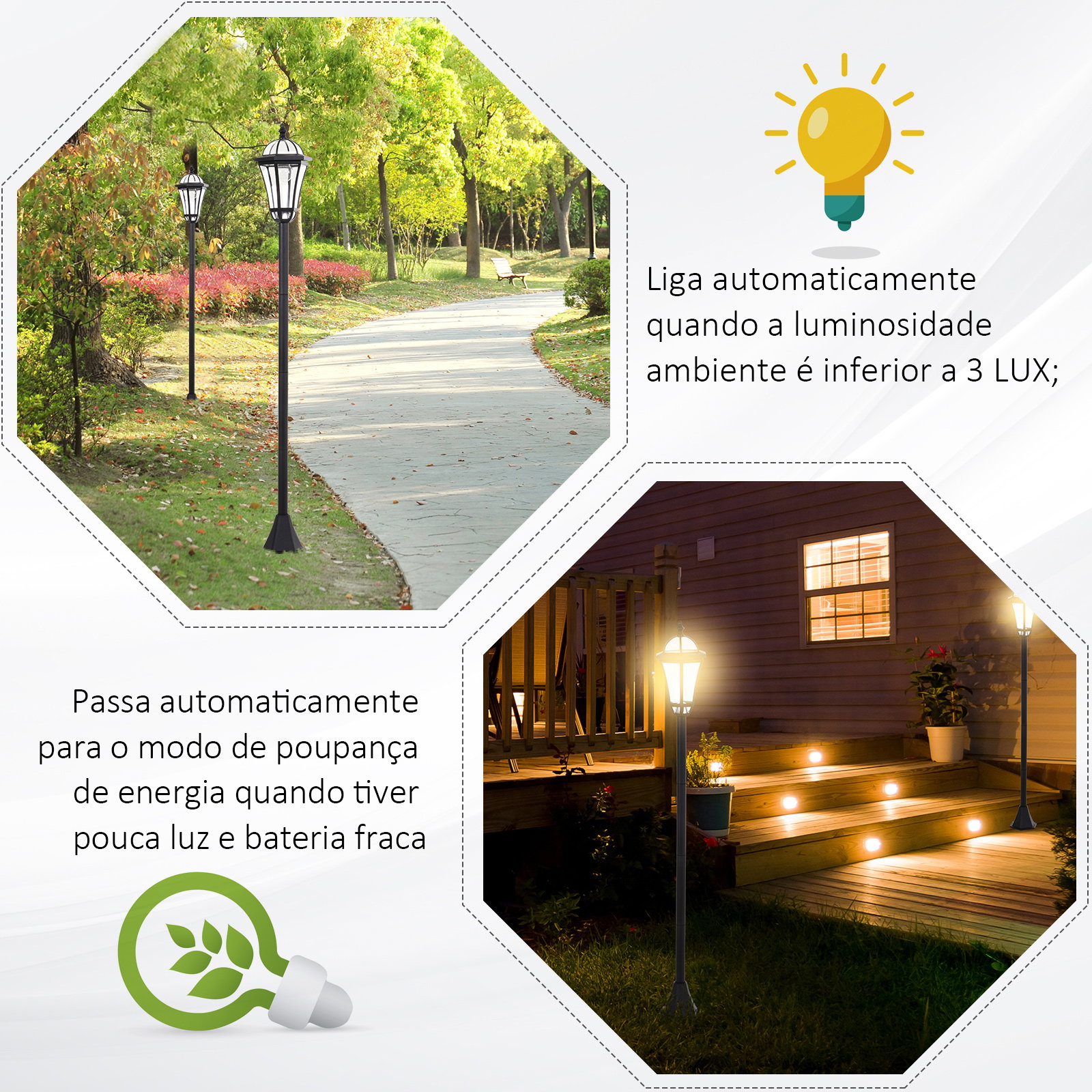 2 Candeeiros solares de jardim com 2 luzes LED branca impermeável IP44 ligação automática conjunto de 2 candeeiros de exterior para caminho terraço pátio 18,5x18,5x129 cm preto