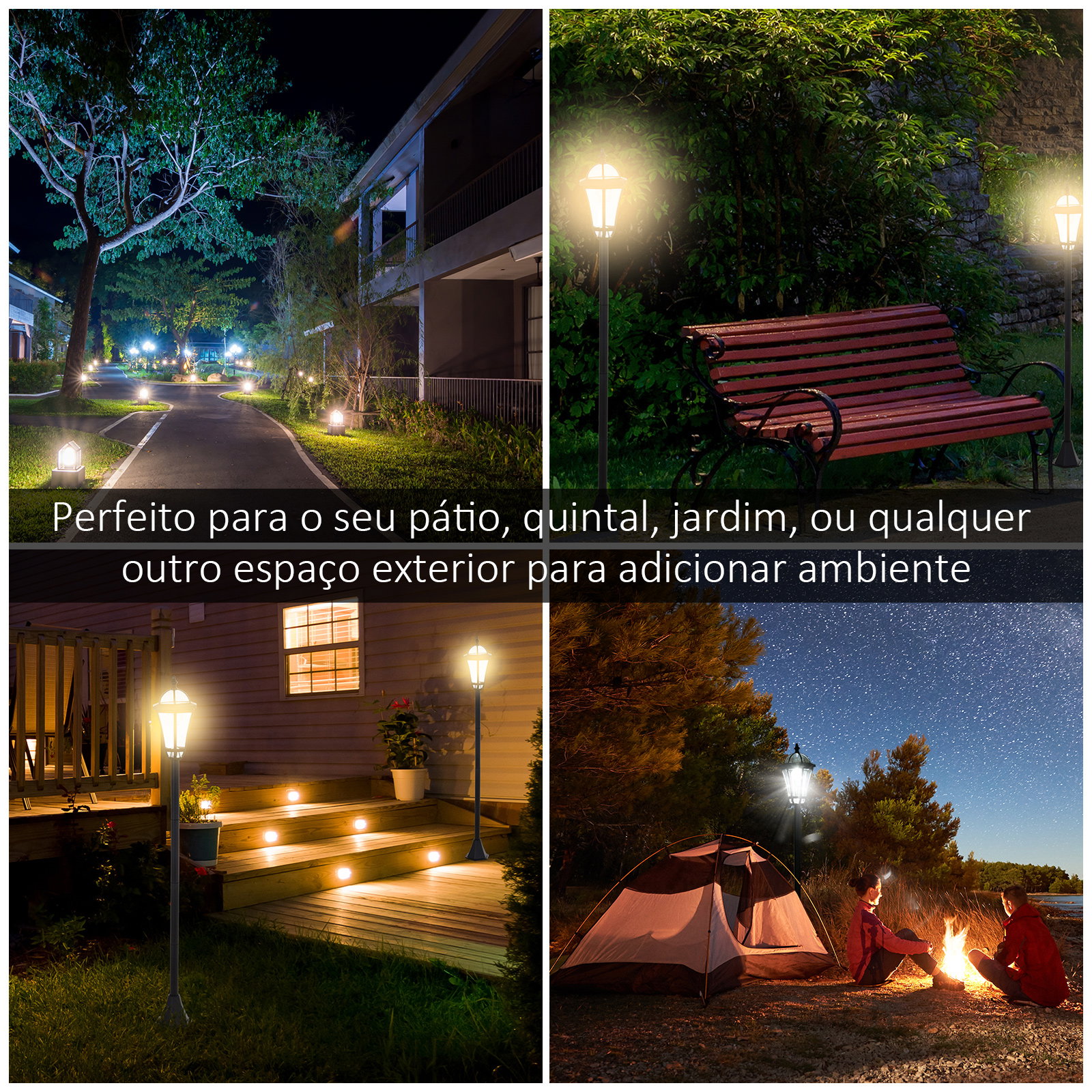2 Candeeiros solares de jardim com 2 luzes LED branca impermeável IP44 ligação automática conjunto de 2 candeeiros de exterior para caminho terraço pátio 18,5x18,5x129 cm preto