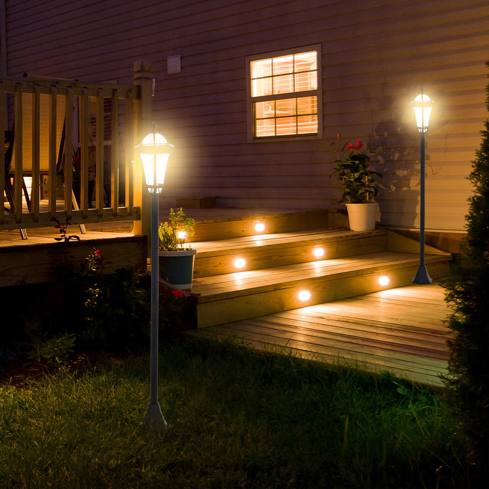 2 Candeeiros solares de jardim com 2 luzes LED branca impermeável IP44 ligação automática conjunto de 2 candeeiros de exterior para caminho terraço pátio 18,5x18,5x129 cm preto